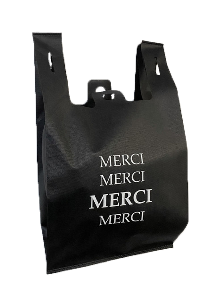 T-Shirt Reusable Shopping Bags **THANK YOU/MERCI Bilingual** S5 12x7x21 Inches Black - Case 100