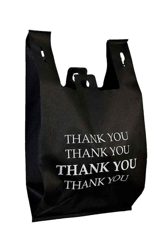 T-Shirt Reusable Shopping Bags **MERCI/THANK YOU Bilingual** S5 12x7x21 Inches Black - Case 100